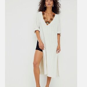 Free People Cream Textured Everyday Boho Beachy Slouchy Maxi Tunic Top Size L